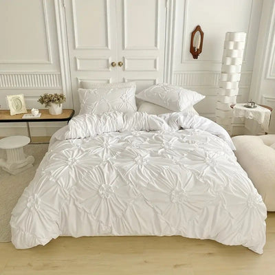 Pinch-Pleat Floral Textured Duvet Cover Set - White