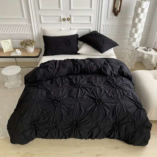 Pinch-Pleat Floral Textured Duvet Cover Set - Black
