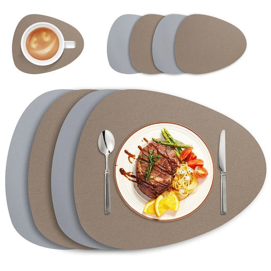 Reversible Faux-Leather Dual-Sided Placemats - Grey-Khaki / 8pcs