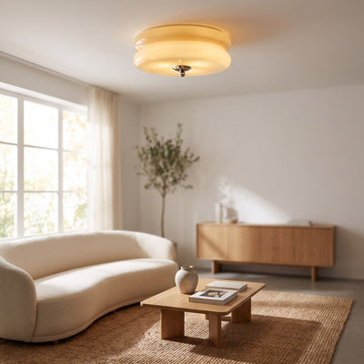 Ribbed Glass Flush Mount Ceiling Light - Gold+Beige / ∅ 12.6″ x H 5.1″