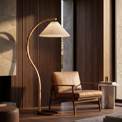 Sculptural Arch Floor Lamp with Pleated Shade - Beech wood & White / ∅ 28.4″ x H 59″