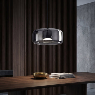 Smoked Glass Drum Pendant Light - Black & Smoke grey / ∅ 15″ x H 6.7"