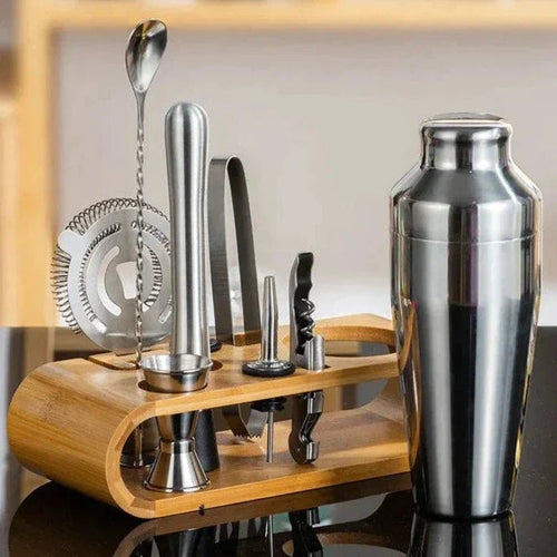 Stainless Steel Cocktail Shaker Bar Tool Set with Bamboo Stand