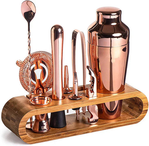Stainless Steel Cocktail Shaker Bar Tool Set with Bamboo Stand