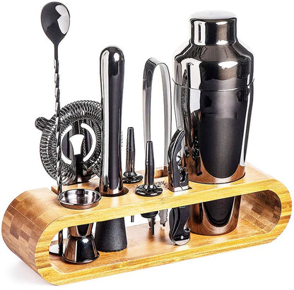 Stainless Steel Cocktail Shaker Bar Tool Set with Bamboo Stand - Black