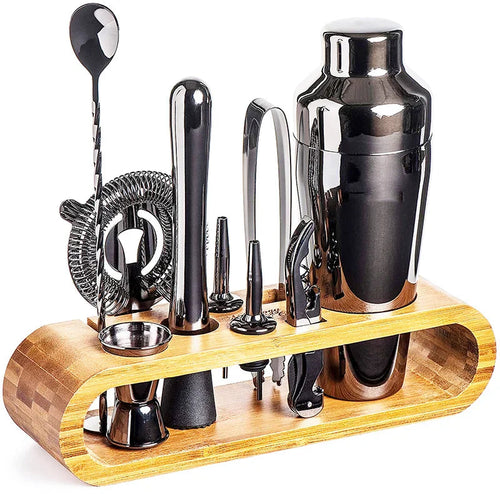 Stainless Steel Cocktail Shaker Bar Tool Set with Bamboo Stand