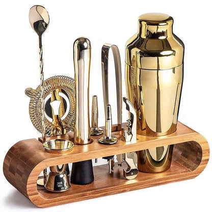 Stainless Steel Cocktail Shaker Bar Tool Set with Bamboo Stand - Gold
