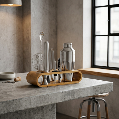 Stainless Steel Cocktail Shaker Bar Tool Set with Bamboo Stand