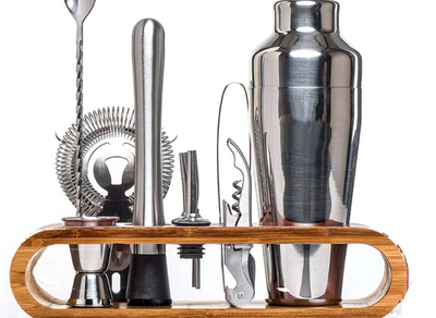 Stainless Steel Cocktail Shaker Bar Tool Set with Bamboo Stand