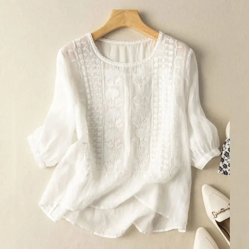 Thérèse Floral-Embroidered Linen Blouse