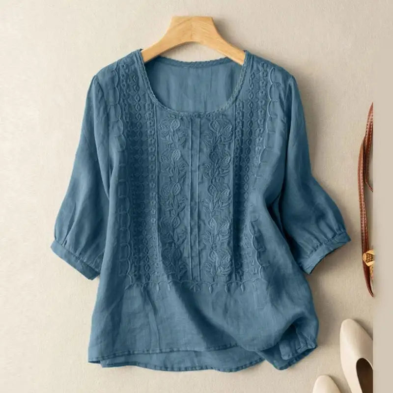 Thérèse Floral-Embroidered Linen Blouse