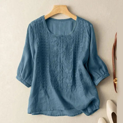 Thérèse Floral-Embroidered Linen Blouse