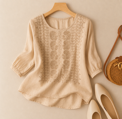 Thérèse Floral-Embroidered Linen Blouse