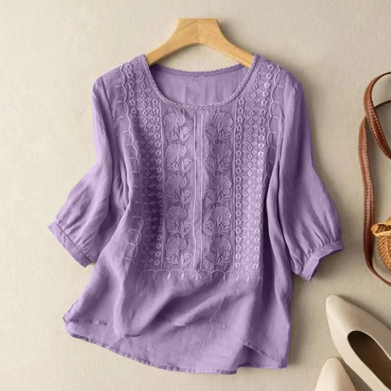 Thérèse Floral-Embroidered Linen Blouse