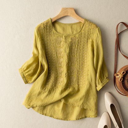 Thérèse Floral-Embroidered Linen Blouse