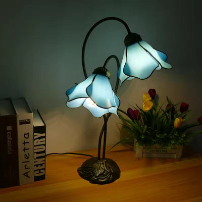 Tiffany-Style Twin Flower Stained Glass Table Lamp - Blue