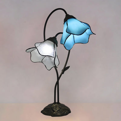 Tiffany-Style Twin Flower Stained Glass Table Lamp - Blue & White
