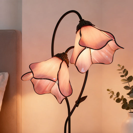 Tiffany-Style Twin Flower Stained Glass Table Lamp - Blush Pink