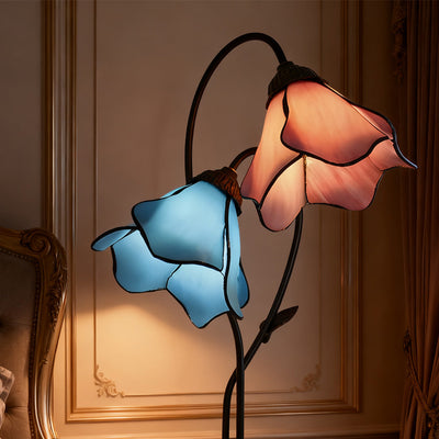 Tiffany-Style Twin Flower Stained Glass Table Lamp - Blush Pink & Blue