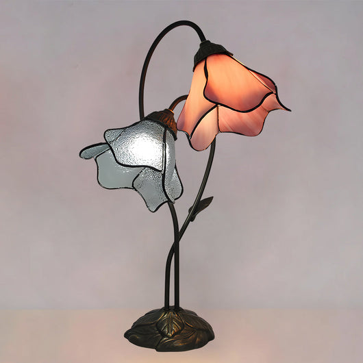 Tiffany-Style Twin Flower Stained Glass Table Lamp - Blush Pink & White