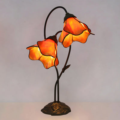 Tiffany-Style Twin Flower Stained Glass Table Lamp - Orange