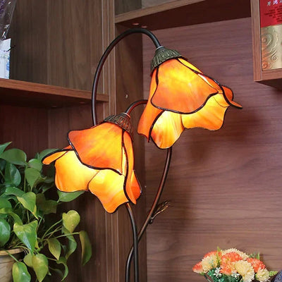 Tiffany-Style Twin Flower Stained Glass Table Lamp - Orange