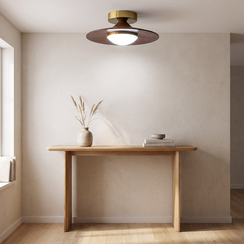 Walnut Wood Brass-Cap Flush Mount Ceiling Light
