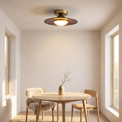 Walnut Wood Brass-Cap Flush Mount Ceiling Light - Warm White 3000k