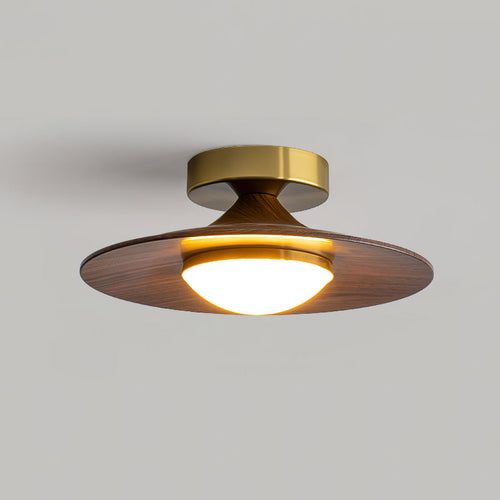 Walnut Wood Brass-Cap Flush Mount Ceiling Light