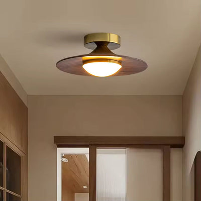 Walnut Wood Brass-Cap Flush Mount Ceiling Light - Warm White 3000k