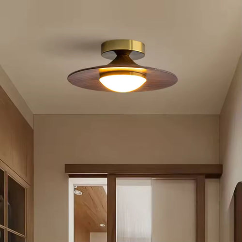 Walnut Wood Brass-Cap Flush Mount Ceiling Light