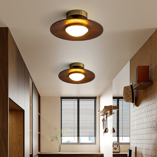 Walnut Wood Brass-Cap Flush Mount Ceiling Light