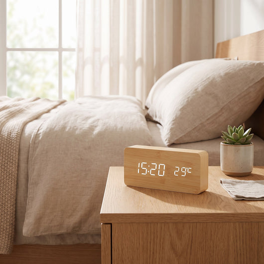 Wood-Style LED Digital Alarm Clock with Temperature - Bamboo