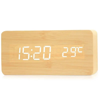 Wood-Style LED Digital Alarm Clock with Temperature - Bamboo
