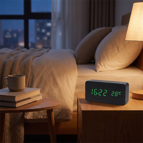 Wood-Style LED Digital Alarm Clock with Temperature