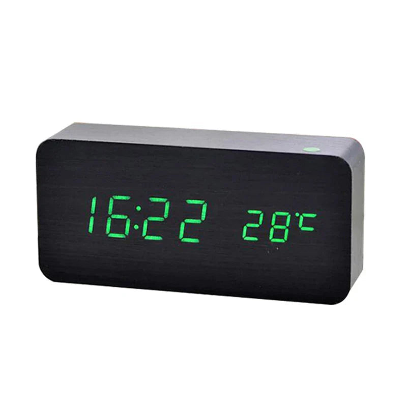 Wood-Style LED Digital Alarm Clock with Temperature - Black - Green LED