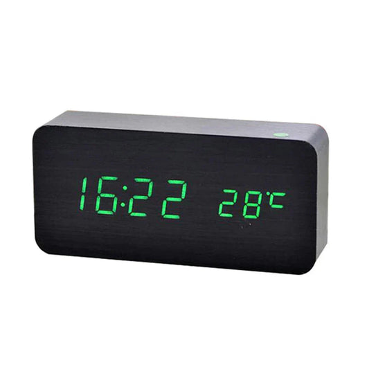 Wood-Style LED Digital Alarm Clock with Temperature - Black - Green LED