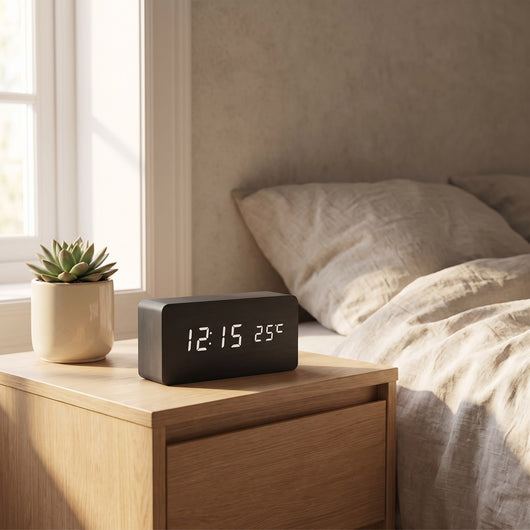 Wood-Style LED Digital Alarm Clock with Temperature - Black
