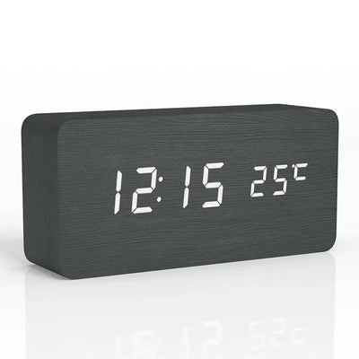 Wood-Style LED Digital Alarm Clock with Temperature - Black