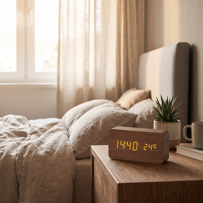 Wood-Style LED Digital Alarm Clock with Temperature - Brown