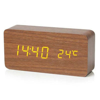 Wood-Style LED Digital Alarm Clock with Temperature - Brown