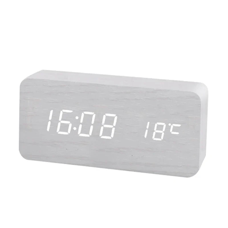 Wood-Style LED Digital Alarm Clock with Temperature - White