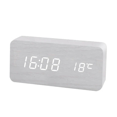 Wood-Style LED Digital Alarm Clock with Temperature - White