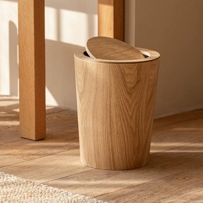 Wooden-Grain Rotating Lid Trash Can