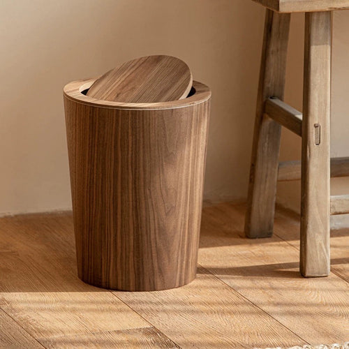 Wooden-Grain Rotating Lid Trash Can