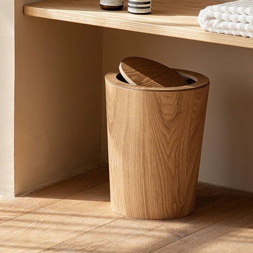 Wooden-Grain Rotating Lid Trash Can