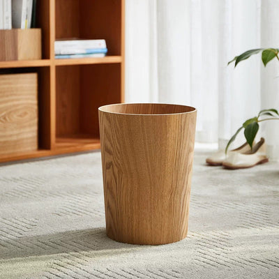 Wooden-Grain Rotating Lid Trash Can