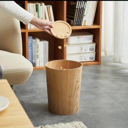 Wooden-Grain Rotating Lid Trash Can