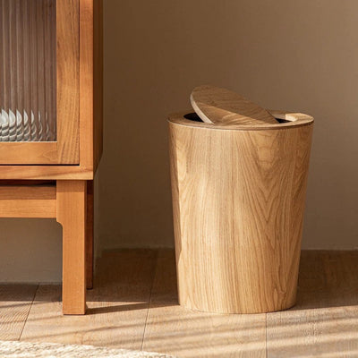 Wooden-Grain Rotating Lid Trash Can