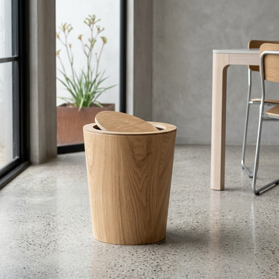 Wooden-Grain Rotating Lid Trash Can